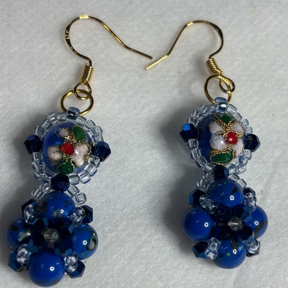Hand Crafted cloisonné earrings cobalt blue beads blue bicones seed beads 2 in. - Picture 4 of 6